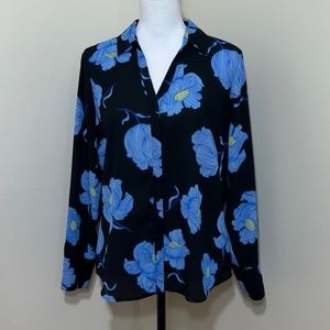 WORTHINGTON Black & Blue Dark Floral Blouse Sz PL